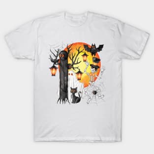 Eerie Halloween Gathering: Skeletons, Ghosts, Bats, Cats, and Crows T-Shirt